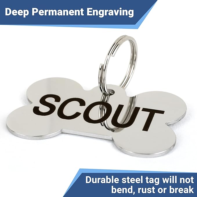 GoTags Stainless Steel Pet ID Tags, Personalized Dog Tags and Cat Tags, up to 8 Lines of Custom Text, Engraved on Both Sides, in Bone, Round, Heart, Bow Tie and More