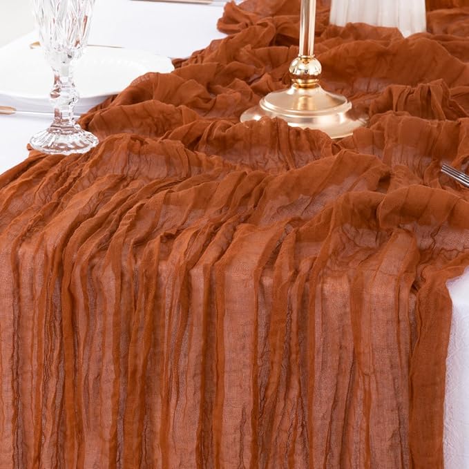 MLMW 3 Pack Fall Thanksgiving Table Runner Cheesecloth Autumn Harvest Rust Terracotta Cheese Cloth Boho Gauze 160 inch Table Runner 13.3ft for Wedding Party Baby Bridal Shower Birthday