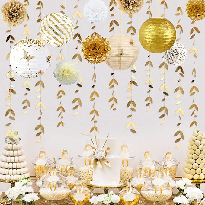 Banners Kit: 41 Pieces in Gold and White with Paper Lanterns and Pom Poms