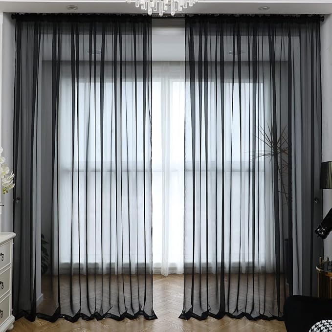 Window Black Sheer Curtains 72 Inches Long 2 Panels Sheer Curtain Basic Rod Pocket Panel for Bedroom Children Living Room Yard Kitchen (Black, 52" W x 72" L | 2 pcs)