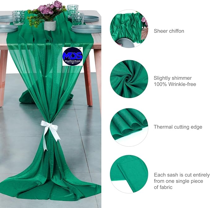 MDS Halloween Chiffon Table Runner - 20 Pack, 29 x 170 Inches, 14ft Each - Sheer Spooky Table Runners for Haunted House Parties, Trick-or-Treat Tables, Witchy Décor, Wedding & Events - Emerald Green