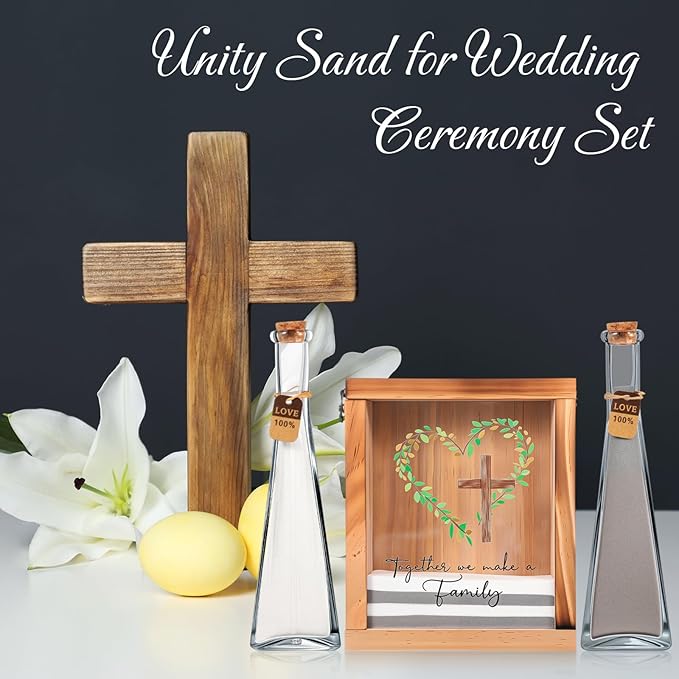 Vases Wedding Sand Ceremony Set, Wood Frame, 2 Glass Vases, White and Gray Sand