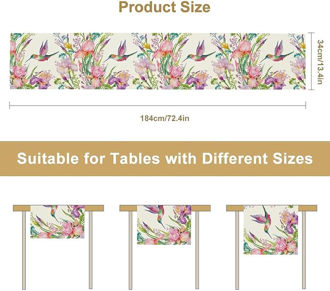 Hummingbird Table Runner,Pink Floral Country Style Table Runner for Kitchen Dining Table Home Party Decoration 13x60 Inch