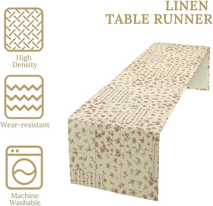 Floral Table Runner, Watercolor Rose Flower Kitchen Table Decoration Vintage Spring Home Tablecloth for Birthday Party Picnic Decoration 13x70 Inch 1PCS