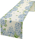 Watercolor Hydrangea Flower Table Runner, Spring Summer Seasonal Plants Butterfly Blue Dinner Runner for Home Kitchen Dining Table Party Holiday Decoration 13"x108"