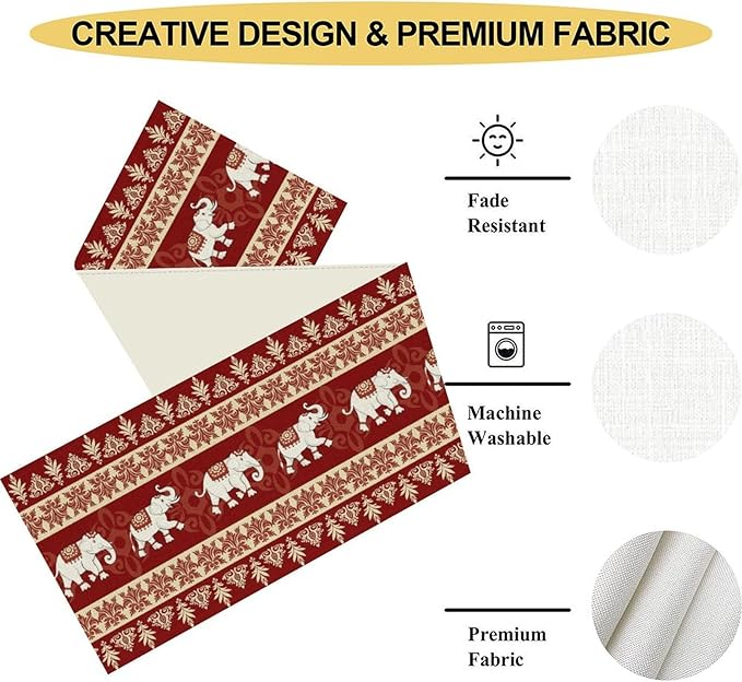 Boho Elephant Table Runner, Vintage Tribal Traditional African Animals Ethnic Folk Red Table Center Decor for Home Kitchen Dining Patio Holiday Party Indoor Outdoor Table Decorations, 13"x36" Inch