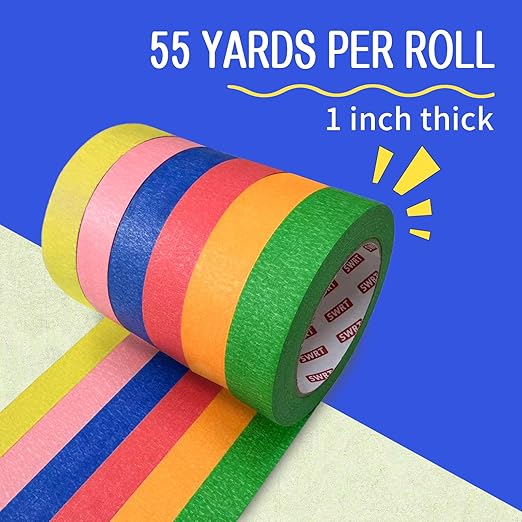 SWRT Colored Masking Tape 6-Pack, 1 Inch x 55 Yards Painter’s Tape Set, Colorful Craft Teacher Tape for Arts, Crafts, Labeling & Classroom – Easy Tear, Residue-Free