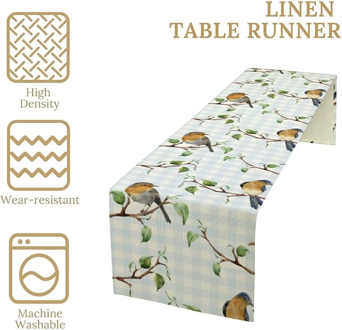 Bird Table Runner,Spring Birds Tree Blue Plaid Print Table Runner for Kitchen Dining Table Decoration Home Party Decor 13x70 Inch