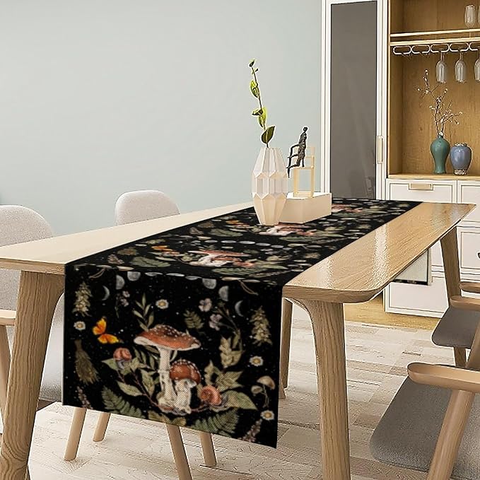 Mushroom Kitchen Table Runner, Boho Vintage Wild Flower Gothic Witchy Moonlit Forest Plant Table Runner for Bedroom Living Room Kitchen Dinner Table, 13x120 Inch
