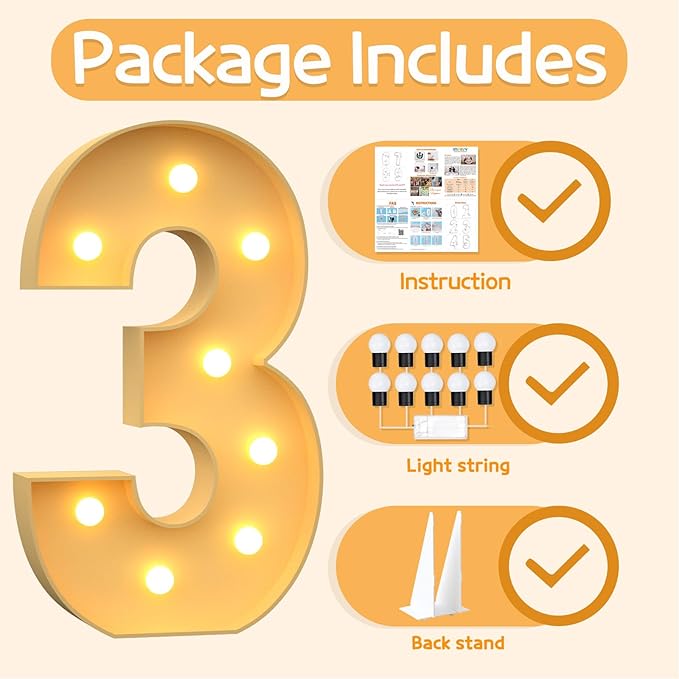 Balloons Light Up Number 3 Marquee Sign, 3 Ft Foam Board, Wall Mount