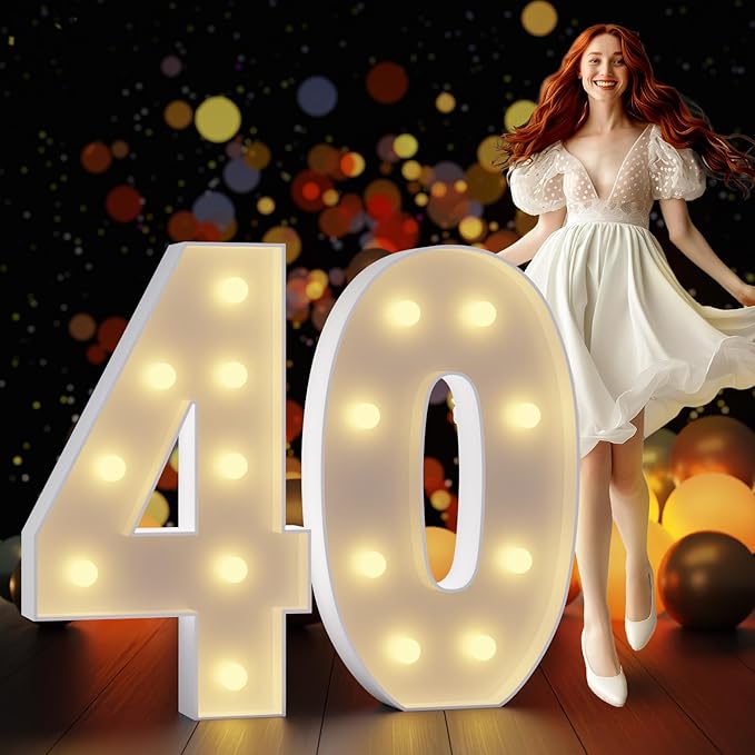 Party Decoration Light Up Number 40, 3 Ft Foam Board Sign with Yellow Lights
