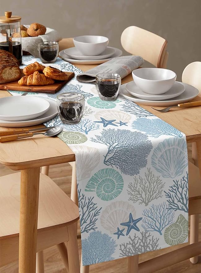 Coastal Coral Cotton Linen Table Runner for Dining Kitchen, Wedding Outdoor Party Tablerunners Decoration, Blue Nautical Starfish Ocean Shell Beach Dresser Scarf Coffee Tablecloth Runners 13x36 Inches