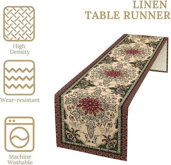 Vintage Paisley Bohemian Table Runner Beige Red Rustic Farmhouse Home Kitchen Table Dining Coffee Room Garden Party Wedding Decor 13x60in