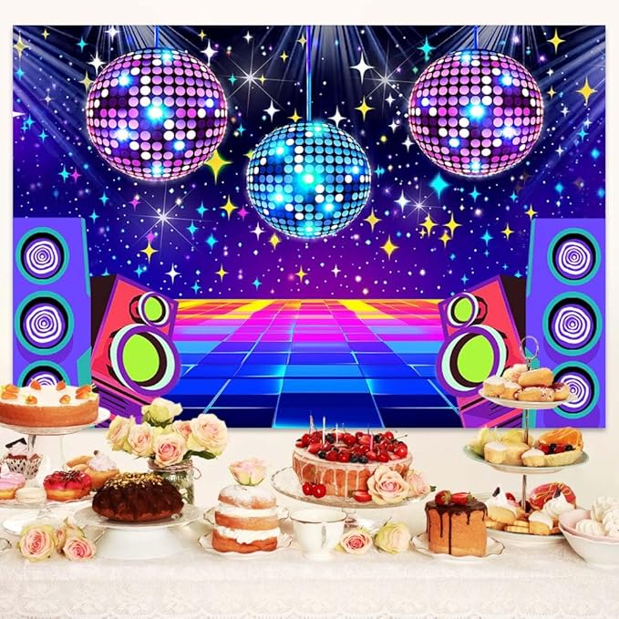 Dance Party Backdrop Retro 80s 90s Theme Stage Dance Ball Music Birthday Party Decoration DJ Photography Background 8 x 6 ft for Baby Shower Picture Photo Shoot Polyester Fabric,Multi2