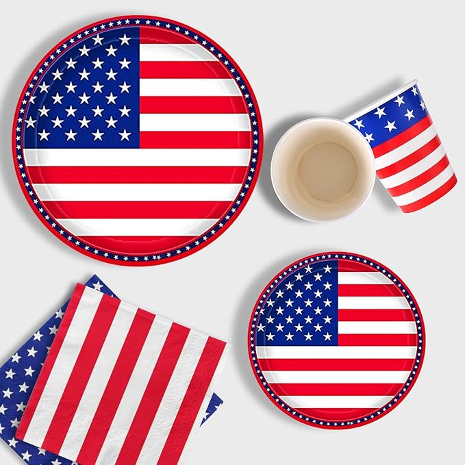 Paper Plates Set, American Flag Patriotic Party Tableware, 125 Pieces