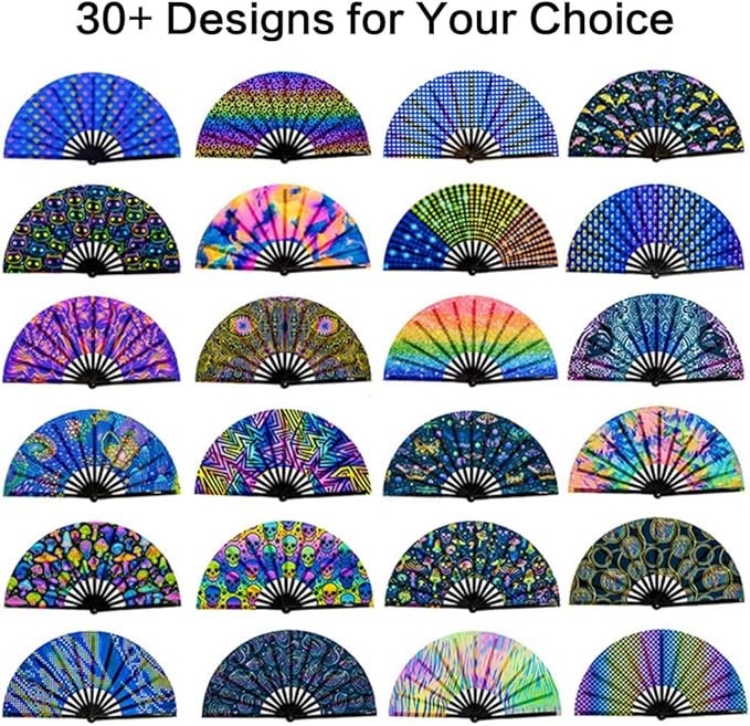 UV Glow Rave Fan, Bamboo Folding Clack Hand Fans Foldable for Men Women, Boots on the Ground Poping Fan for EDM Festival Line Dance Decoration, (Kaleidoscope Girls, Large 13")