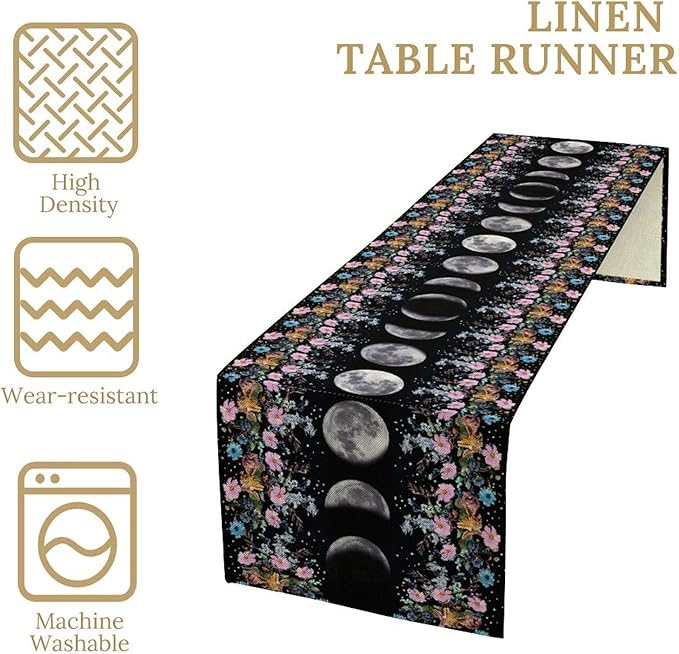 Boho Floral Moon Table Runner, Spring Flower Leaves Mystical Gothic Sun Moon Table Runner for Kitchen Dining Table Home Party,13x36 Inch Purple
