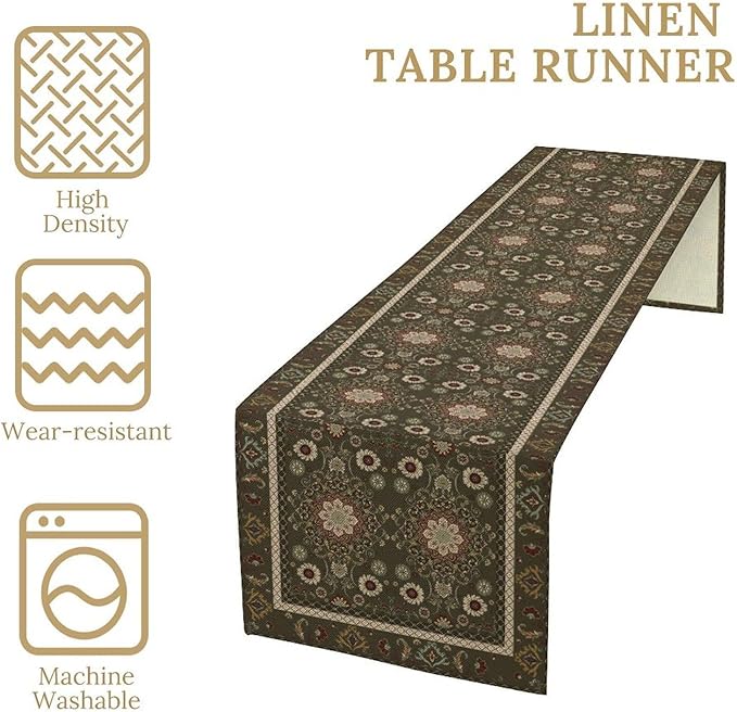 Vintage Boho Floral Table Runner, Rustic Country Farmhouse Brown Bohemia Flower Pattern for Home Kitchen Table Decor Dining Coffee Room Party Decor 13x108in