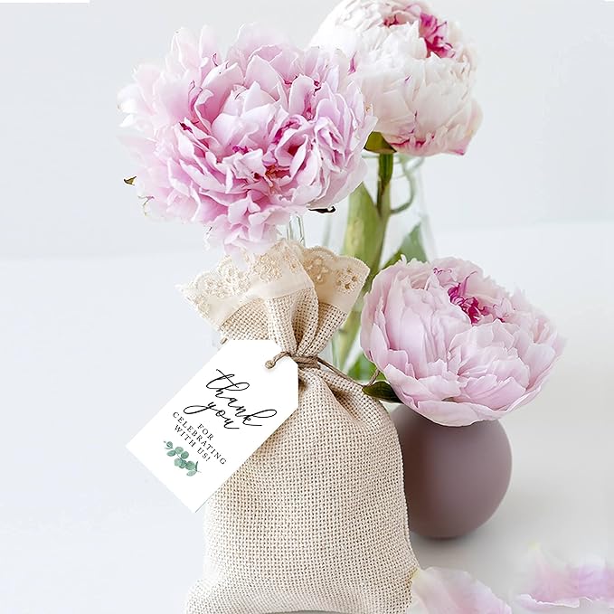 Andaz Press 100-Pack Thank You for Celebrating with Us Favor Tags Minimal Eucalyptus Cardstock Gift Tags with Bakers Twine for Wedding Baby Shower Bridal Shower Birthday Party Favors 2 x 3.75-Inches