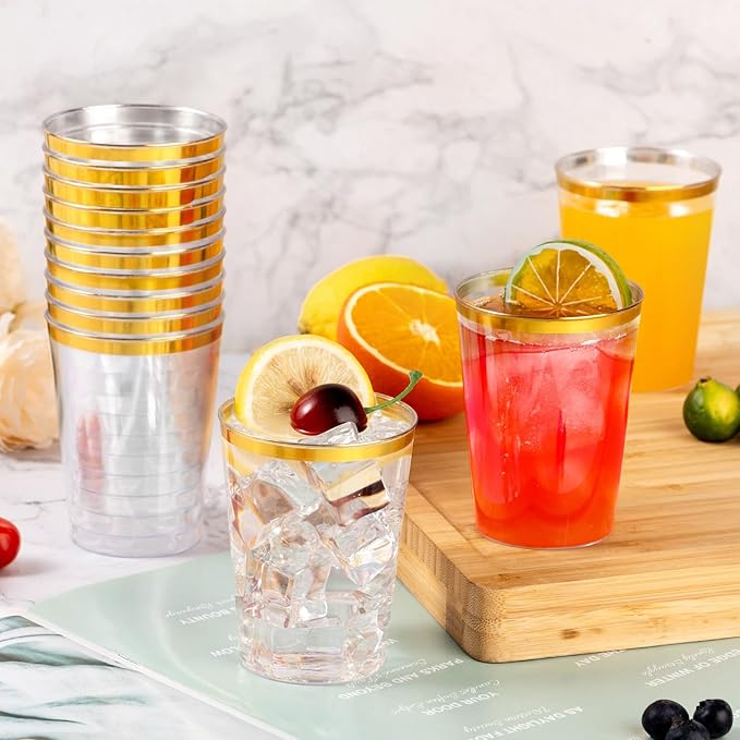 Goodluck 100PCS 14oz Gold Plastic Cups for Party, Disposable Gold Rim Cups, Plastic Cocktail Glasses for Wedding Thanksgiving, Christmas, and Parties