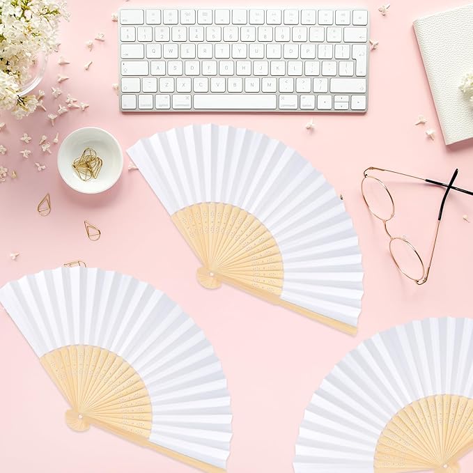 6 Pieces White Hand Held Bamboo Folding Fans Foldable Paper Fans Handheld for Women Girls Wedding DIY Decoration Church Home Party Favors Summer
