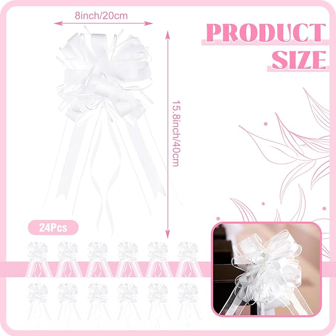 Gift Wrap Bows, 24 Pcs White Pull Bows with Yarn Ties