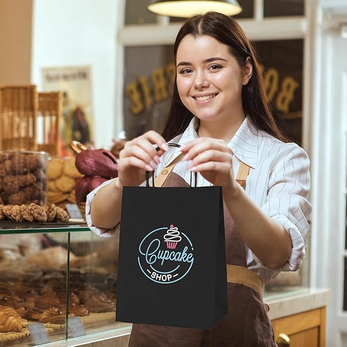 Gift Bags 400 Black Kraft Paper Bags with Handles 8 x 4.25 x 10.5 in
