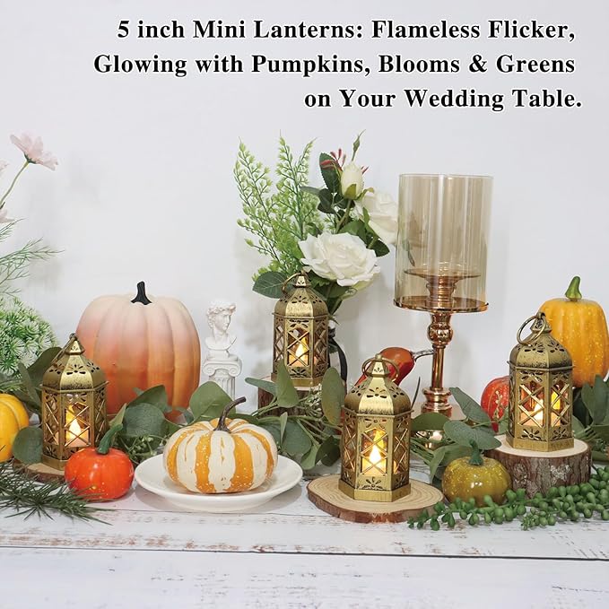 Decorative Candle Lanterns 5 Inch Mini Brushed Brass with Flicker LED