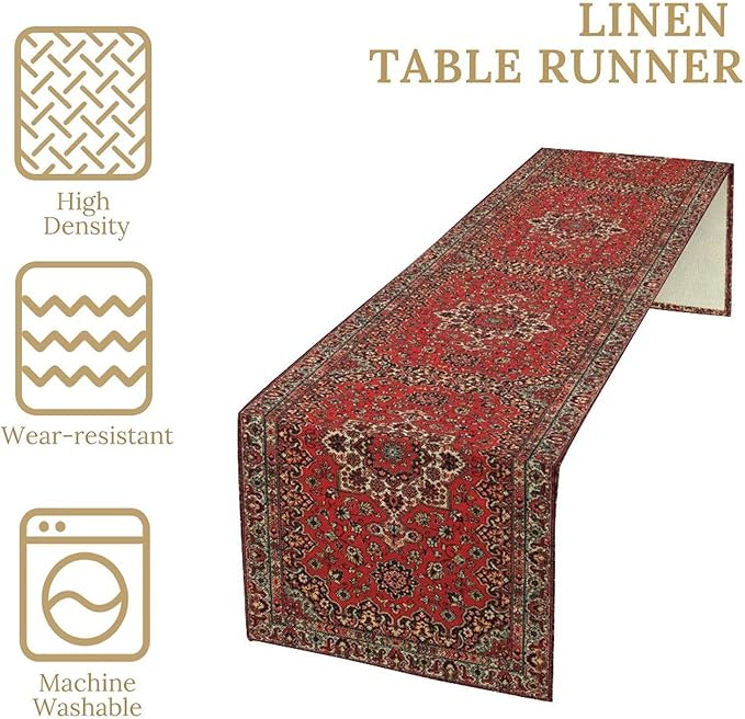 Vintage Boho Floral Table Runner, Rustic Country Farmhouse Red Black Retro Flower Pattern for Home Kitchen Table Decor Dining Coffee Room Party Decor 13x36in