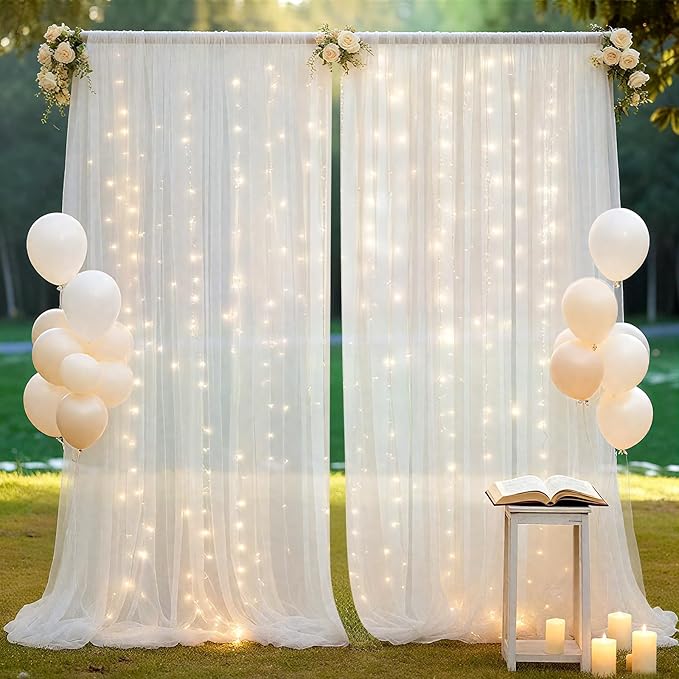 10×10ft Tulle Backdrop Curtains with Lights String - 300LED Fairy Lights Sheer Curtain Backdrop for Weddings Baby Shower and Birthday Party Decorations(6 Panels 5×10ft)