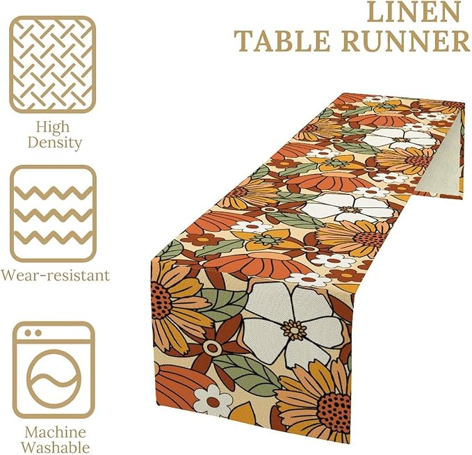 Vintage Floral Table Runner,Boho 70s Style Retro Flower Table Cloth Kitchen Dining Table Home Party Decoration 13x60 Inch