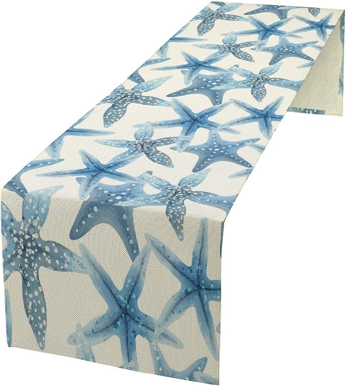Starfish Plaid Table Flag Green Plaid and Marine Life Starfish Kitchen Table Flag Suitable for Birthday Party Restaurant Decoration Outdoor Picnic 13 * 108 Inch
