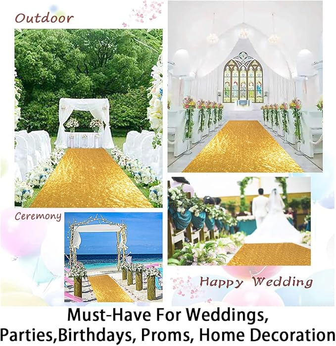 Aisle Runners 4 ft x 10 ft Gold Sequin Wedding Runner, Indoor/Outdoor