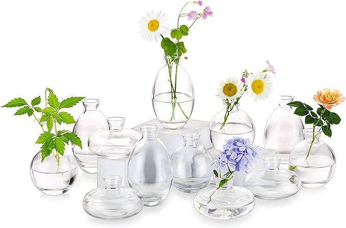 Glass Bud Vases Set of 12, Hewory Cute Clear Small Vases Handmade, Mini Glass Flower Vase for Floral Arrangement, Tiny Centerpiece for Wedding Party Events Home Office Table Decor (Not Include Flower)