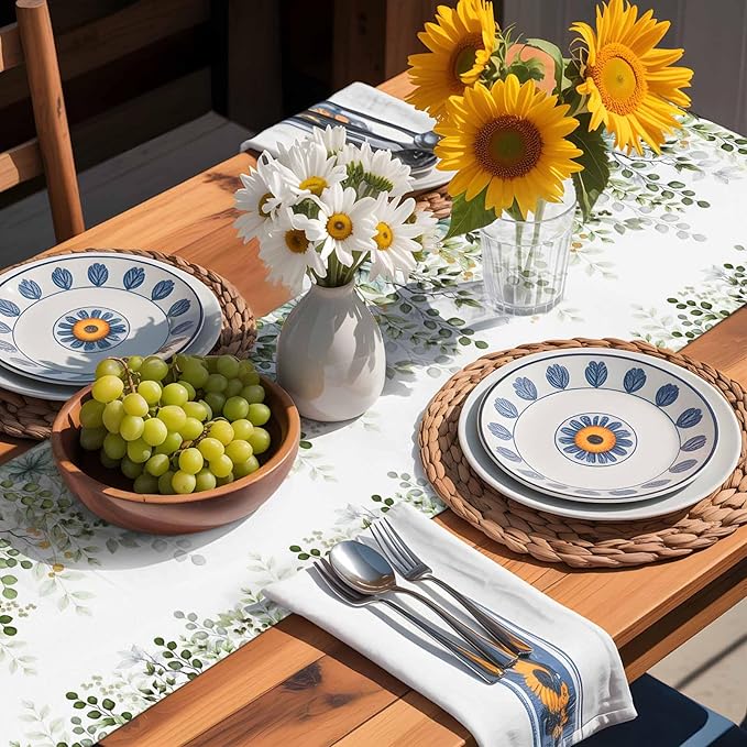Sage Green Eucalyptus Cotton Linen Table Runner for Dining Kitchen,Farmhouse Leaves Botanical Floral Wedding Outdoor Party Tablerunners Decoration Dresser Scarf Coffee Tablecloth Runners 13x108 Inches