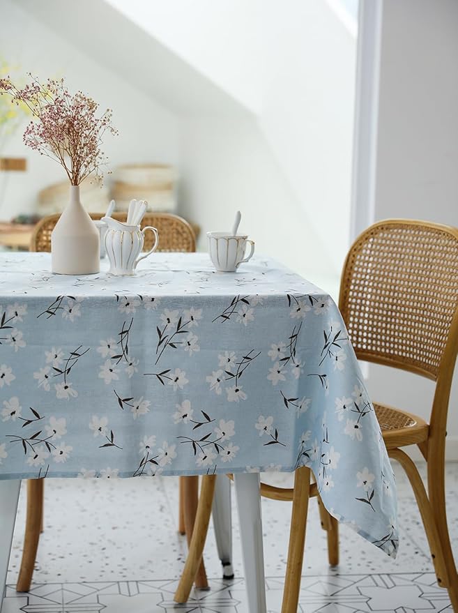 Pastoral Square Tablecloth - 52 x 52 Inch - Linen Fabric Table Cloth - Washable Table Cover with Dust-Proof Wrinkle Resistant for Restaurant, Picnic, Indoor and Outdoor Dining, Floral (Light Blue)