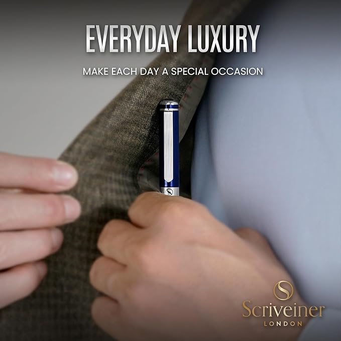 Scriveiner Personalized Midnight Blue Pen - Stunning Blue Lacquer Luxury Pen, Chrome Finish, German Schmidt Nib (Medium), Best Engraved Fountain Pen Gift Set for Men & Women, Name Engraving