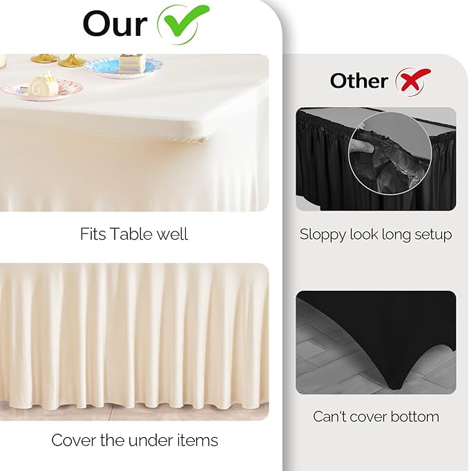 Wish Care 2 Pack Stretch Spandex Table Clothes for 8 Foot Rectangle Tables, 8FT Wrinkle Free Fitted Tablecloths Ruffles Design Table Cover for Party, Banquet, Wedding and Events