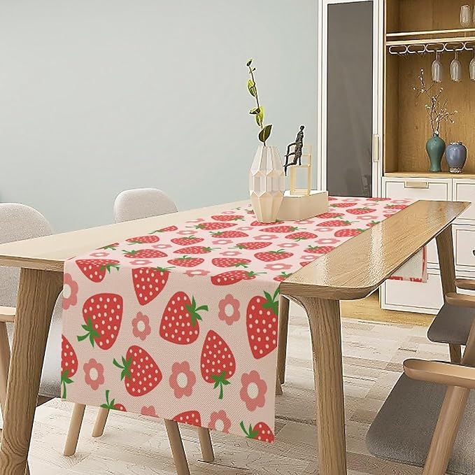 Strawberry Table Runner Spring Summer Fruit Pink Berry Forest Garden Dinner Runner for Girl Baby Shower Party Holiday Home Kitchen Dining Table Decor 13x90