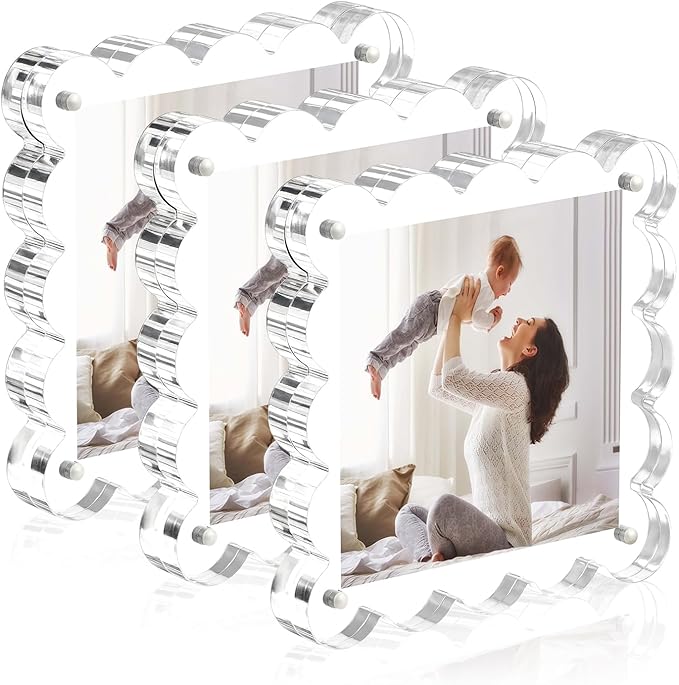 Clear Picture Frames 3Pack - Acrylic Magnetic Photo Frame 4×4 Inch, Double Sided Magnet Frames with Scalloped Edges, 10+10mm Thick Freestanding Gift for Office/Home(Clear, 4x4)