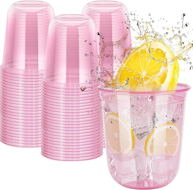 60 Pcs Disposable Stemless Clear Glasses 12 oz NATURAL Arc Crystal Plastic wine glasses Clear Classic Pet Cup for Meeting Weddings Birthdays Cocktail Christmas Party Supplies(Pink)