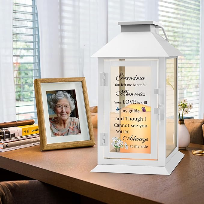 Decorative Candle Lantern 14.2 Inch Metal Glass Memorial with LED Candle