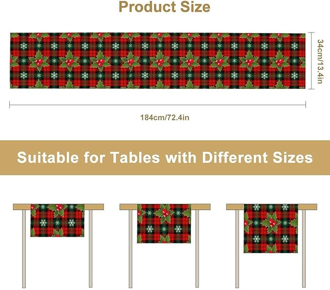 Christmas Table Runner, Red Check Plaid Winter Xmas Holiday Table Cloth Kitchen Dining Table Decoration for Home Party Decor 13x70 Inch