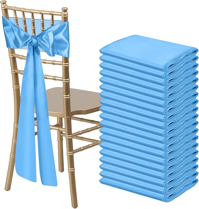 50 PCS Baby Blue Satin Chair Sashes Bows Universal Chair Ribbon Ties Back Sash for Wedding Party Reception Events Banquets Hotel Event Chair Cover Decoration (7x108 inch)