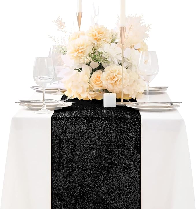 SoarDream Black Table Runner 10 Packs 12x72 Inches Sequin Metallic Fabric Glitter Table Runner for Party Birthday Holiday Event Supplies Decorations