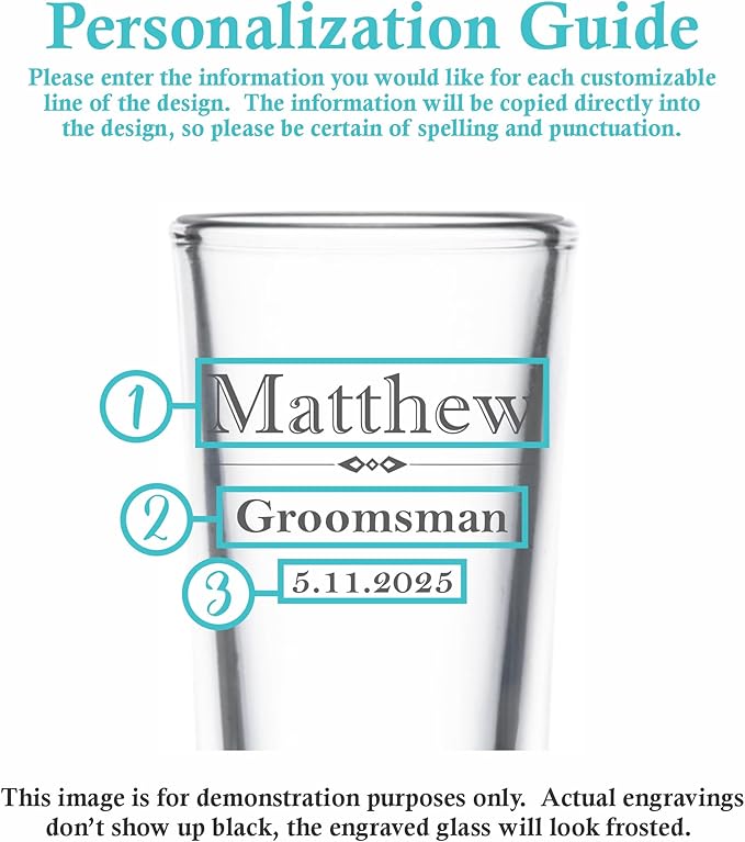 Custom Engraved Shot Glass – 2oz Tall Clear Glass – Personalized Gift for Wedding Party – Classic Etched Barware Keepsake for Groomsmen, Bridesmaids, and More (4)