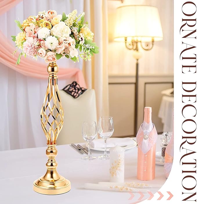 Candlestick Holders Gold Metal Flower Vases, Set of 10, 20.5-Inch Tall