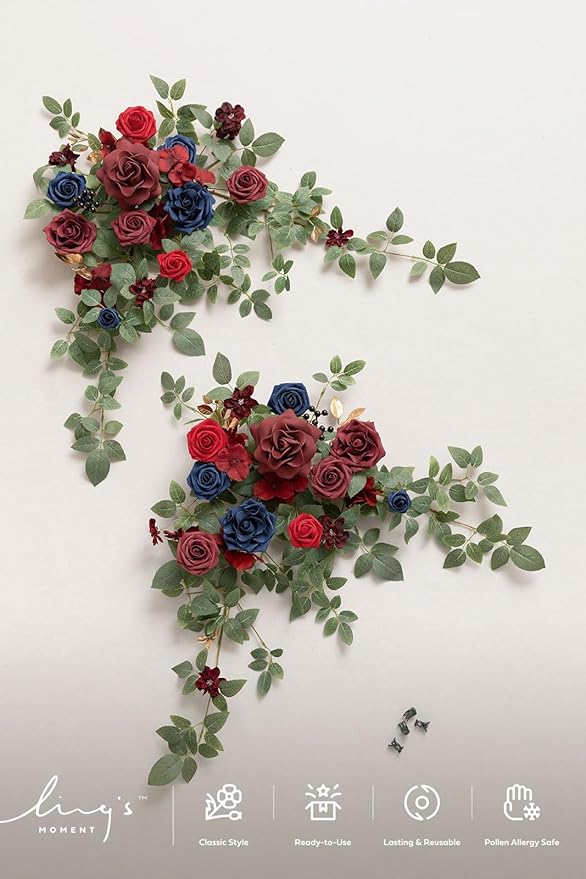 Artificial Floral Swag Set of 2 for Welcome Sign, Burgundy and Navy Blue