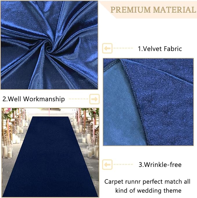 Aisle Runner Navy Blue Velvet 4 x 15 ft for Weddings and Events
