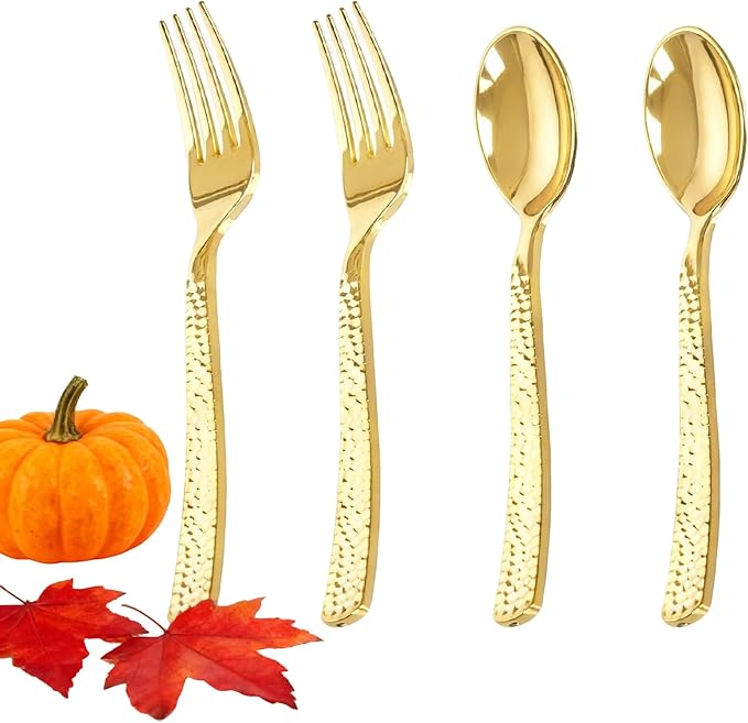 Spoons and Forks Set: 400 Piece Gold Hammered Plastic Cutlery